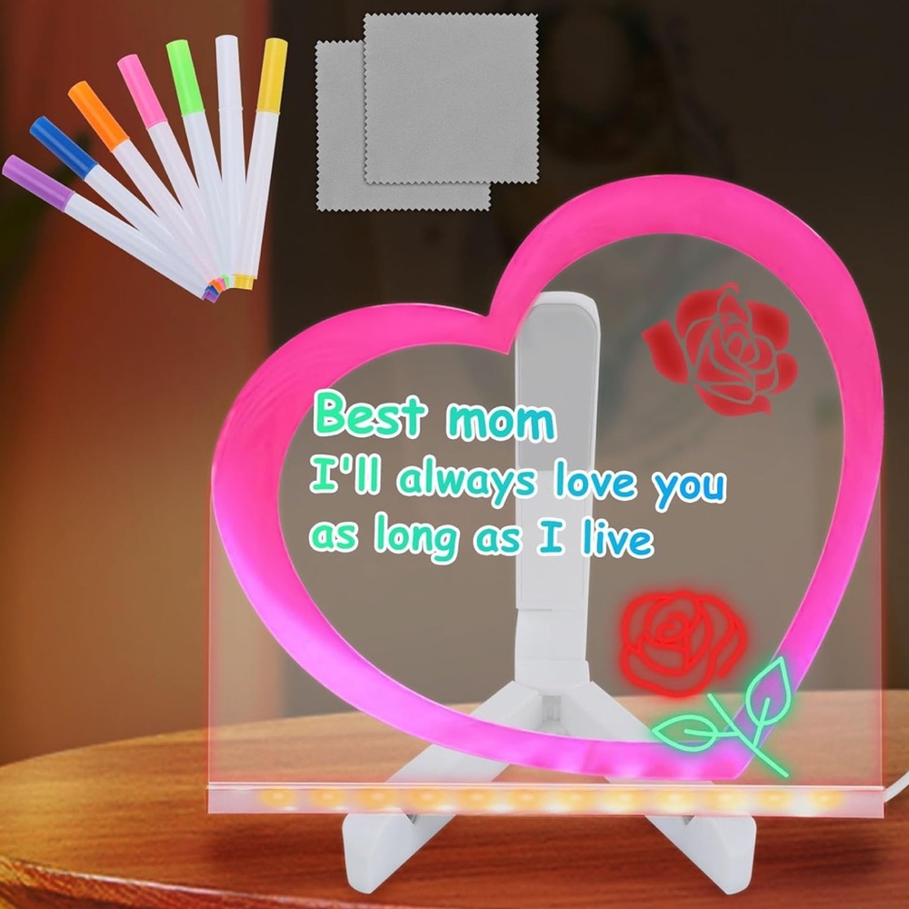 Acrylic Dry Erase Board w/Light, Heart Shaped Message Board, Lights up w/7 Pens